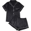 imageAUTOMET Women Silk Satin Fall Pajama Set Matching Lounge Pjs Button Up Soft 2 Piece Suit Ladies Tops and ShortsBlack