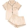 imageAUTOMET Women Silk Satin Fall Pajama Set Matching Lounge Pjs Button Up Soft 2 Piece Suit Ladies Tops and ShortsGold