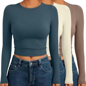 imageAUTOMET 3 Pack Womens Long Sleeve Shirts Y2K Going Out Crop Tops Cute Basic Slim Fitted Fall Fashion Outfits 2025 ClothesBlueapricotcoffegrey