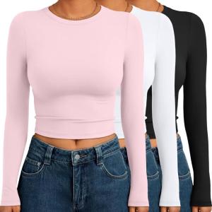 imageAUTOMET 3 Pack Womens Long Sleeve Shirts Y2K Going Out Crop Tops Cute Basic Slim Fitted Fall Fashion Outfits 2025 ClothesPinkwhiteblack