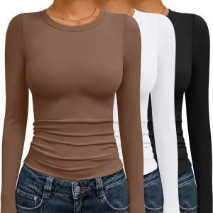 imageAUTOMET 3 Pack Womens Long Sleeve T Shirts Fall Fashion Basic Going Out Crop Tops Slim Fitted Winter Clothes 2025Black white brown