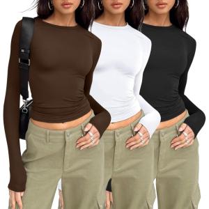 imageAUTOMET 3 Pack Womens Long Sleeve T Shirts Fall Fashion Basic Going Out Crop Tops Slim Fitted Winter Clothes 2025Black white chocolate