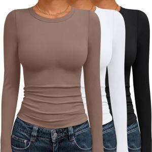 imageAUTOMET 3 Pack Womens Long Sleeve T Shirts Fall Fashion Basic Going Out Crop Tops Slim Fitted Winter Clothes 2025Black white coffee Gray