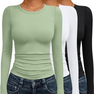 imageAUTOMET 3 Pack Womens Long Sleeve T Shirts Fall Fashion Basic Going Out Crop Tops Slim Fitted Winter Clothes 2025Black white light Green