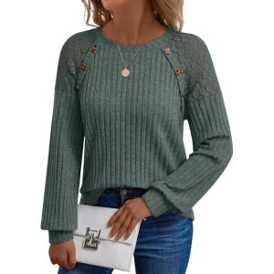 imageAUTOMET Long Sleeve Shirts Womens Lace Lightweight Sweaters Fall Business Dressy Casual TopsGreen