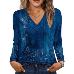imageAUTOMET Long Sleeve Shirts for Women Tops V Neck Casual Top Comfortable Shirt Soft Basic Tees Women BlousesBlueprint