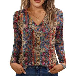 imageAUTOMET Long Sleeve Shirts for Women Tops V Neck Casual Top Comfortable Shirt Soft Basic Tees Women BlousesBohoprint1