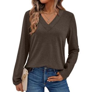 imageAUTOMET Long Sleeve Shirts for Women Tops V Neck Casual Top Comfortable Shirt Soft Basic Tees Women BlousesChocolate