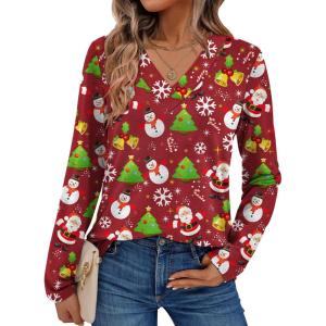imageAUTOMET Long Sleeve Shirts for Women Tops V Neck Casual Top Comfortable Shirt Soft Basic Tees Women BlousesHalloweenred