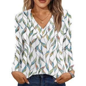 imageAUTOMET Long Sleeve Shirts for Women Tops V Neck Casual Top Comfortable Shirt Soft Basic Tees Women BlousesLeafprint