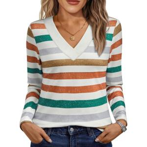 imageAUTOMET Long Sleeve Shirts for Women Tops V Neck Casual Top Comfortable Shirt Soft Basic Tees Women BlousesStriped