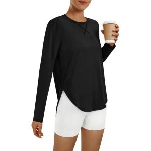 imageAUTOMET Long Sleeve Workout Tops for Women Athletic UPF 50 Sun Rash Guard Shirts Running SPF Gym Quick Dry ClothesBlack