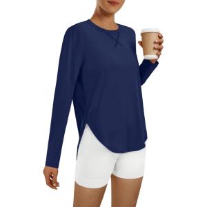 imageAUTOMET Long Sleeve Workout Tops for Women Athletic UPF 50 Sun Rash Guard Shirts Running SPF Gym Quick Dry ClothesNavy