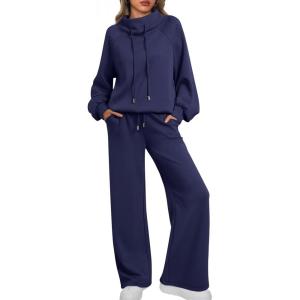 imageAUTOMET Lounge Sets for Women Sweatsuits 2 Piece Outfits 2025 Fall Drawstring Sweatshirt Wide Leg Sweatpants TracksuitNavyblue