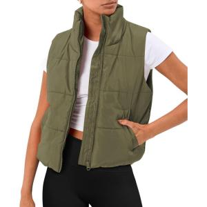 imageAUTOMET Puffer Vest Women Sleeveless Winter Cropped Outerwear Warm Puffy Lightweight Standup Collar Down with PocketsArmy Green