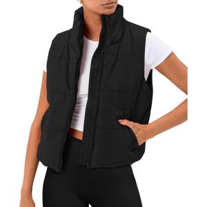 imageAUTOMET Puffer Vest Women Sleeveless Winter Cropped Outerwear Warm Puffy Lightweight Standup Collar Down with PocketsBlack