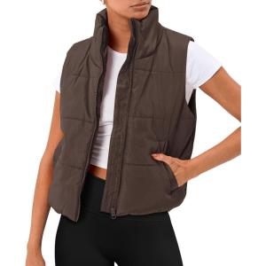 imageAUTOMET Puffer Vest Women Sleeveless Winter Cropped Outerwear Warm Puffy Lightweight Standup Collar Down with PocketsCoffee