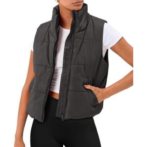 imageAUTOMET Puffer Vest Women Sleeveless Winter Cropped Outerwear Warm Puffy Lightweight Standup Collar Down with PocketsDarkgrey