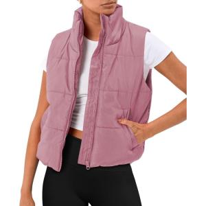 imageAUTOMET Puffer Vest Women Sleeveless Winter Cropped Outerwear Warm Puffy Lightweight Standup Collar Down with PocketsDarkpink