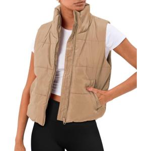 imageAUTOMET Puffer Vest Women Sleeveless Winter Cropped Outerwear Warm Puffy Lightweight Standup Collar Down with PocketsKhaki