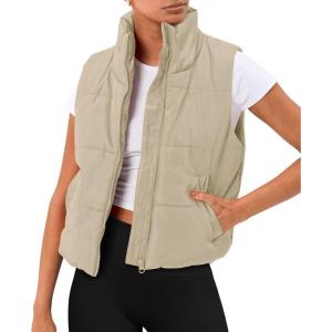 imageAUTOMET Puffer Vest Women Sleeveless Winter Cropped Outerwear Warm Puffy Lightweight Standup Collar Down with PocketsLight Khaki