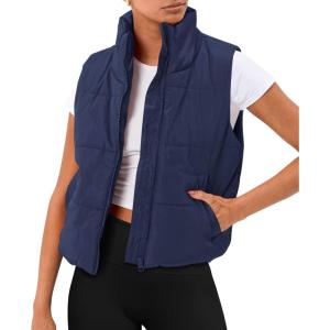 imageAUTOMET Puffer Vest Women Sleeveless Winter Cropped Outerwear Warm Puffy Lightweight Standup Collar Down with PocketsNavy