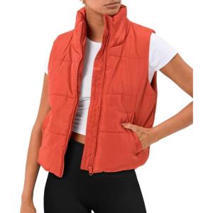imageAUTOMET Puffer Vest Women Sleeveless Winter Cropped Outerwear Warm Puffy Lightweight Standup Collar Down with PocketsOrange