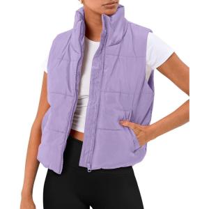 imageAUTOMET Puffer Vest Women Sleeveless Winter Cropped Outerwear Warm Puffy Lightweight Standup Collar Down with PocketsPurple