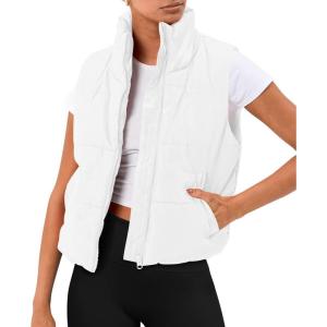 imageAUTOMET Puffer Vest Women Sleeveless Winter Cropped Outerwear Warm Puffy Lightweight Standup Collar Down with PocketsWhite