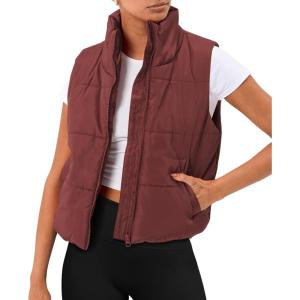 imageAUTOMET Puffer Vest Women Sleeveless Winter Cropped Outerwear Warm Puffy Lightweight Standup Collar Down with PocketsWine Red
