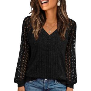 imageAUTOMET Women Long Sleeve Shirts Fall Lace Tops 2025 Fashion V Neck Sweaters Dressy Casual Winter Tunic Blouse Trendy OutfitBlack