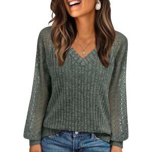 imageAUTOMET Women Long Sleeve Shirts Fall Lace Tops 2025 Fashion V Neck Sweaters Dressy Casual Winter Tunic Blouse Trendy OutfitGreen