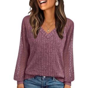 imageAUTOMET Women Long Sleeve Shirts Fall Lace Tops 2025 Fashion V Neck Sweaters Dressy Casual Winter Tunic Blouse Trendy OutfitWine