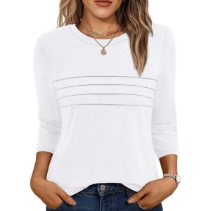 imageAUTOMET Womens 34 Length Sleeve Tops Crew Neck Casual Tunics Dressy Pleated T Shirts Summer Blouses 2025White