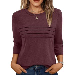 imageAUTOMET Womens 34 Length Sleeve Tops Crew Neck Casual Tunics Dressy Pleated T Shirts Summer Blouses 2025Winered
