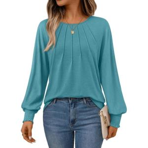 imageAUTOMET Womens Fall Fashion Long Sleeve Shirts Dressy Casual Pleated Basic Trendy Tops Winter Clothes 2025Cyan