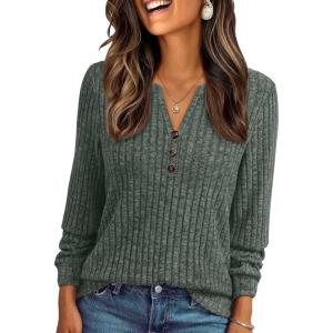 imageAUTOMET Womens Henley Long Sleeve Shirt Fall Top V Neck Fashion Dreesy Casual Tunic Sweaters Clothes Trendy Work OutfitsGreen