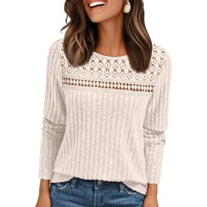 imageAUTOMET Womens Lace Long Sleeve Shirt Fall Top Fashion Dreesy Casual Tunic Sweaters Mesh Clothes Trendy Work Cute OutfitsApricot