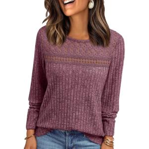 imageAUTOMET Womens Lace Long Sleeve Shirt Fall Top Fashion Dreesy Casual Tunic Sweaters Mesh Clothes Trendy Work Cute OutfitsBurgundy
