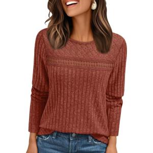 imageAUTOMET Womens Lace Long Sleeve Shirt Fall Top Fashion Dreesy Casual Tunic Sweaters Mesh Clothes Trendy Work Cute OutfitsCaramel