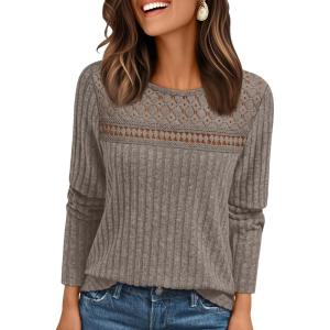 imageAUTOMET Womens Lace Long Sleeve Shirt Fall Top Fashion Dreesy Casual Tunic Sweaters Mesh Clothes Trendy Work Cute OutfitsCoffee