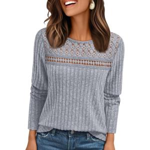 imageAUTOMET Womens Lace Long Sleeve Shirt Fall Top Fashion Dreesy Casual Tunic Sweaters Mesh Clothes Trendy Work Cute OutfitsGrey