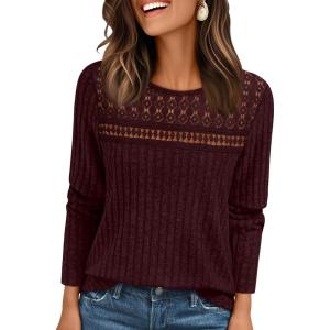 imageAUTOMET Womens Lace Long Sleeve Shirt Fall Top Fashion Dreesy Casual Tunic Sweaters Mesh Clothes Trendy Work Cute OutfitsMaroon