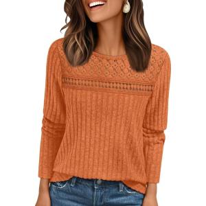 imageAUTOMET Womens Lace Long Sleeve Shirt Fall Top Fashion Dreesy Casual Tunic Sweaters Mesh Clothes Trendy Work Cute OutfitsPumpkin