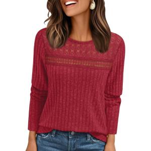 imageAUTOMET Womens Lace Long Sleeve Shirt Fall Top Fashion Dreesy Casual Tunic Sweaters Mesh Clothes Trendy Work Cute OutfitsRed