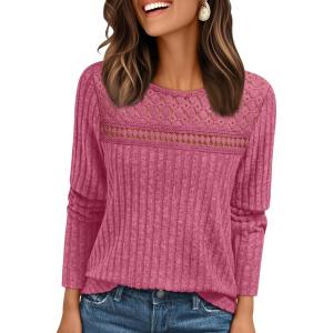 imageAUTOMET Womens Lace Long Sleeve Shirt Fall Top Fashion Dreesy Casual Tunic Sweaters Mesh Clothes Trendy Work Cute OutfitsRose