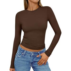 imageAUTOMET Womens Long Sleeve Shirts Basic Compression Going Out Crop Tops Fall Fashion Y2K Clothes 2025Chocolate Brown