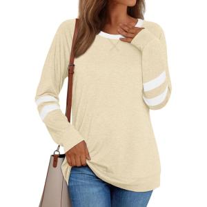 imageAUTOMET Womens Long Sleeve Shirts Color Block Casual Crewneck Tops Tshirt Basic Tee Fall Fashion Clothes Trendy OutfitsCream