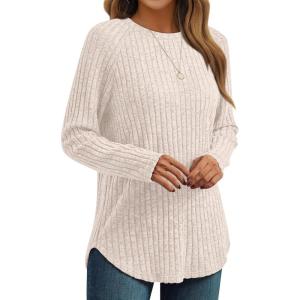 imageAUTOMET Womens Long Sleeve Shirts Fall Fashion Tops 2025 Crewneck Dressy Sweaters Tunic Winter Clothes Casual OutfitsApricot