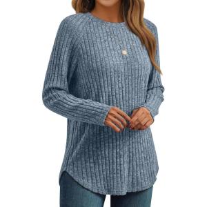 imageAUTOMET Womens Long Sleeve Shirts Fall Fashion Tops 2025 Crewneck Dressy Sweaters Tunic Winter Clothes Casual OutfitsBlue
